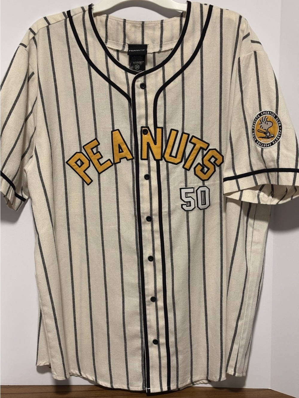 Peanuts Cream and Black Pinstripe Patch Jersey with Yellow Detail